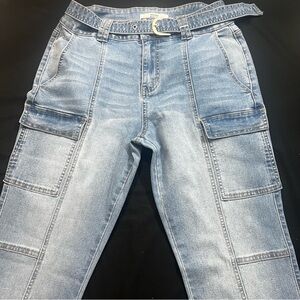 Madden NYC Light Wash Straight Leg Cargo Denim Jeans with belt